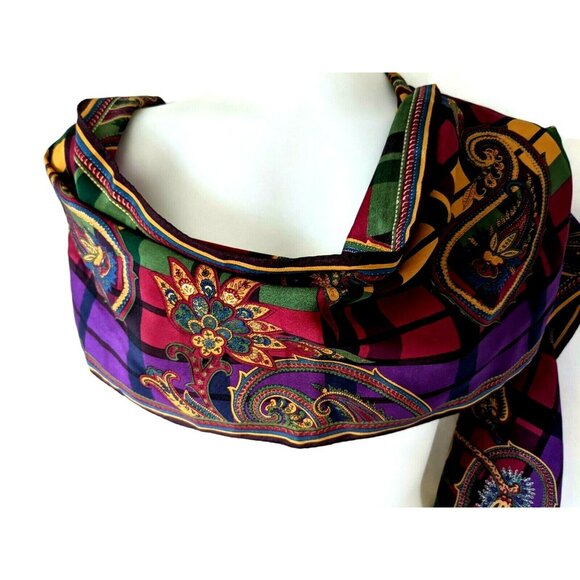 Albert Nipon Unisex Silk Scarf Rectangle Paisley Hand Rolled 52*10" Made InJapan - Picture 2 of 7